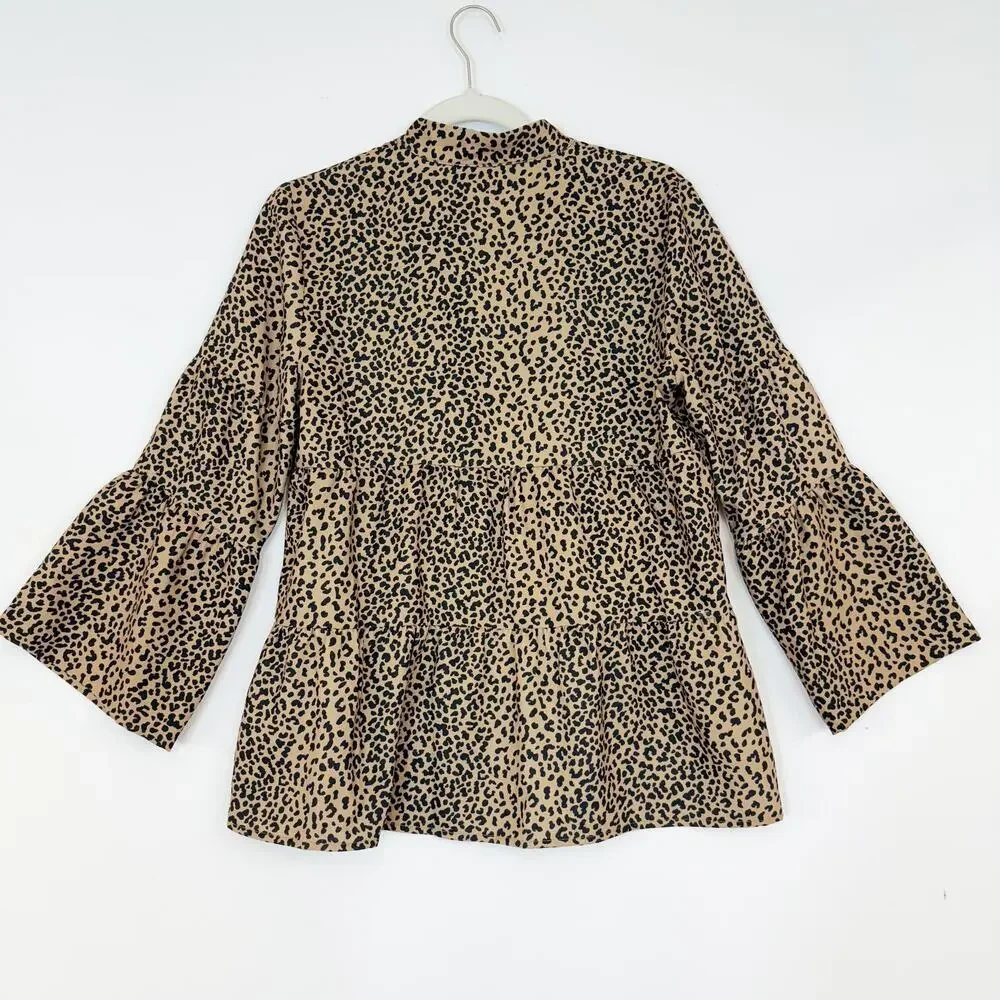 Tuckernuck Edith Leopard Tiered Top V-Neck 3/4 Sleeves Tan & Black Women's Small - Picture 6 of 12